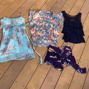 tie-belt shorts, ruffled navy tank top, floral blouse, floral cotton sundress